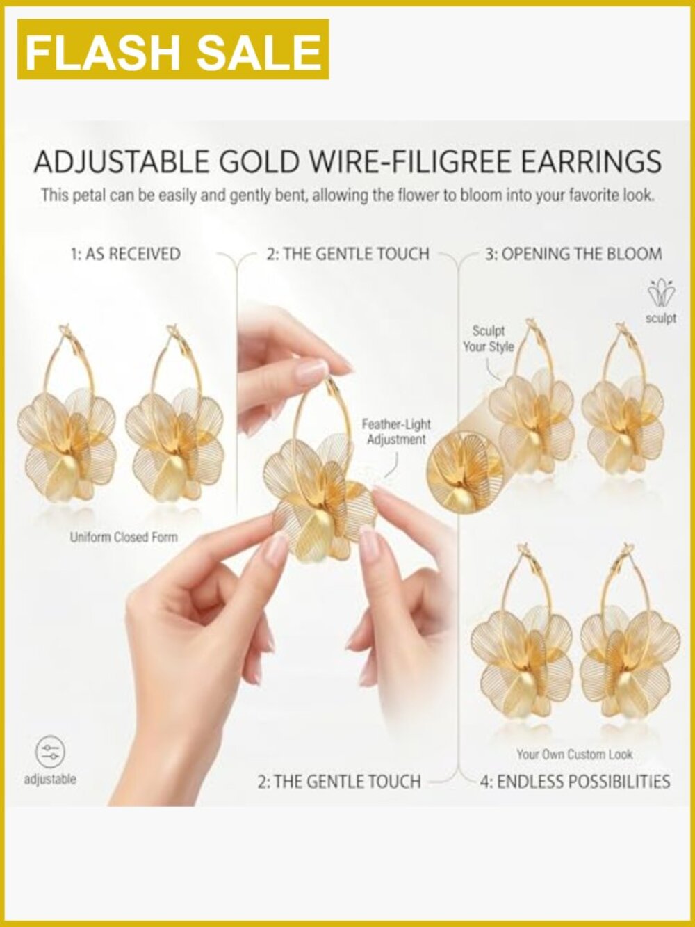 Dangle Flower Hoop Earrings, Trendy 3D Gold Drop Earrings for Women - Picture 5 of 7